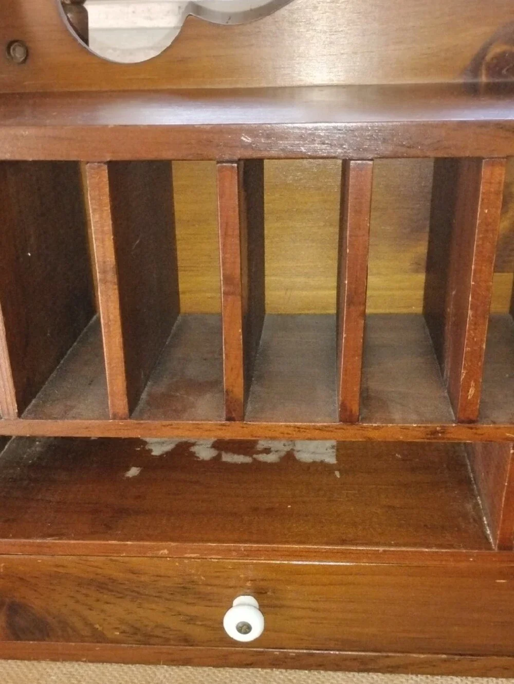 Vintage MCM Wooden Wall Mail CABINET with Drawers - RICH BROWN WOOD 19.5  X 12